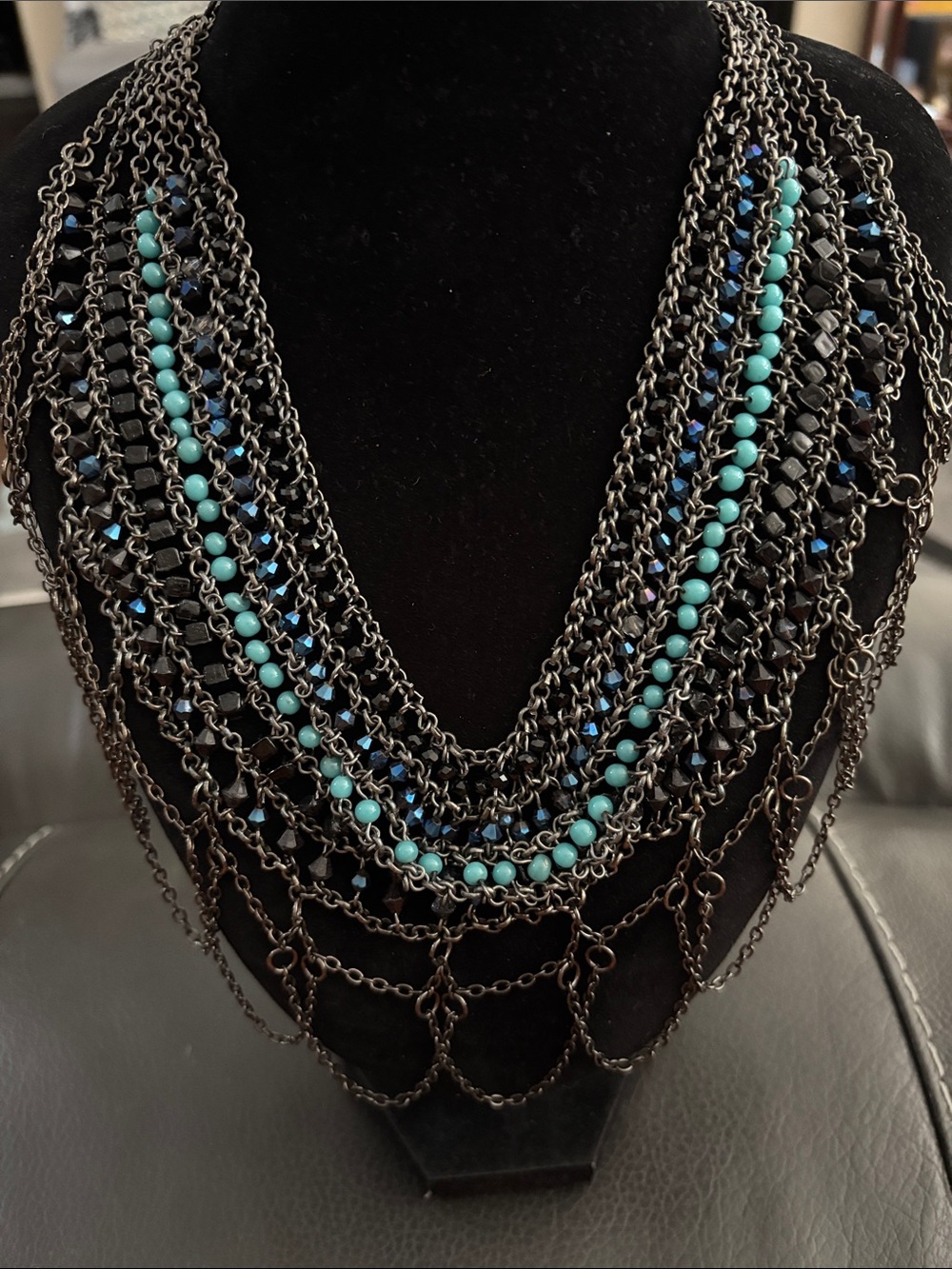 Multi-Strand Turquoise & Black Chain Statement Necklace